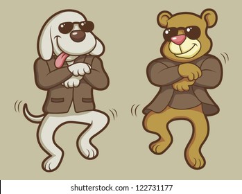 Dancing animals 1 - Funny dog and bear dancing a popular dance Gangnam Style in soft color. Cute animals cartoon character use for t-shirt, poster, children book or any design you want.