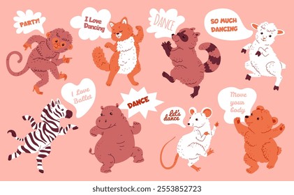 Dancing animals. Vector illustration of a set with the image of dancing animals with speech bubbles. Zebra, raccoon, bear and others are dancing cheerfully. Flat cartoon style, isolated background.