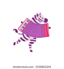 Dancing animals. Vector illustration of a dancing zebra with an accordion. Cartoon character dancing and playing the accordion. Flat style on an isolated background. Ideal for children's design.