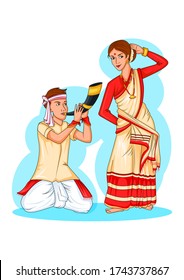 Dancing Assamese couple doing Bihu from Assam of India in vector