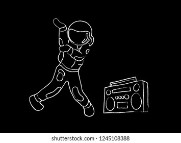 Dancing astronaut. Chalk on a black background.