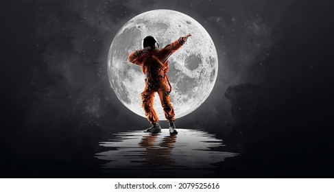 Dancing Astronaut On The Background Of The Moon And Space. Vector Illustration