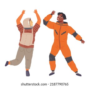 Dancing astronaut, spaceman. Man dressed as astronaut at party. Outfit for holiday in cosmic style. People in space suit raising hands and dancing. Happy characters in costume of space explorer