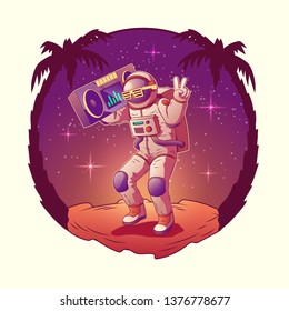 Tanzastronaut oder Raumcharakter im Weltraumanzug und Sonnenbrillen zeigen Gesten Sieg mit Retro-Rekord-Spieler auf der Mondoberfläche mit Handflächen. Kosmonaut Disco Party. Cartoon-Vektorillustration