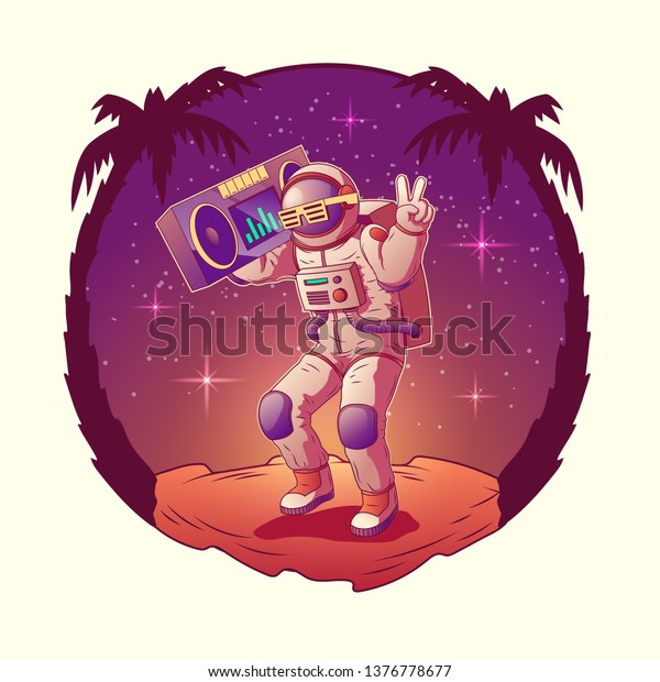 Dancing astronaut or spacemen character in space\
suit and sunglasses show gesture victory holding retro record\
player on shoulder on moon surface with palms. Cosmonaut disco\
party. Cartoon vector