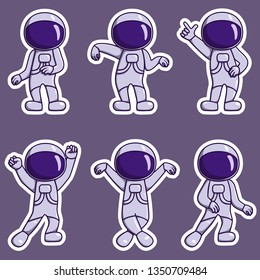 Dancing astronauts stickers set. Cartoon vector illustration
