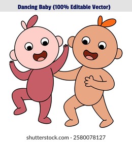 Dancing babies vector illustration. Joyful animated baby characters. Editable cartoon style baby graphic.