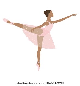 Dancing ballerina brown skin, girl in tutu and pointe shoes, pink dress. Vector illustration, performing classical ballet, vector flat style.