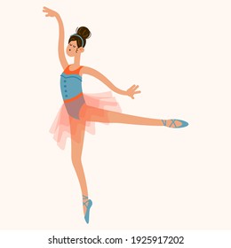 Dancing ballerina girl in a ballet tutu costume. Hand drawn vector illustration in cartoon flat style.