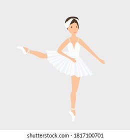 Dancing ballerina, girl in tutu and pointe shoes, swan character performing classical ballet, vector flat style.