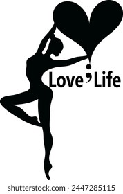 Dancing ballerina holding a heart with a text love life and a semi colon, abstract, unique hand drawn vector tattoo design, wall art, background