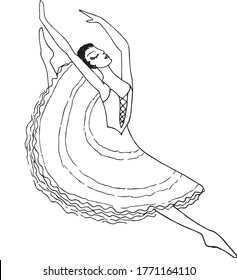 Dancing ballerina in a jump. Hand drawn ink woman design element stock vector illustration for dancing studio
