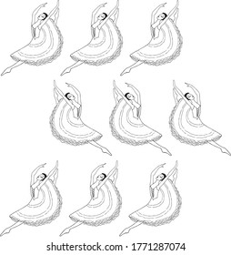 Dancing ballerina in a jump seamless pattern. Hand drawn ink woman design element stock vector illustration for dancing studio