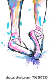 A dancing ballerina. Legs  in pointe shoes close-up. A ballerina is doing exercises. Color illustration with vector splashes, imitation of watercolor splashes.