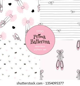 Dancing ballerina legs Tiny Bows Pointe Shoes Doodle Stripes pattern collection. Ballet themed seamless backgrounds set. Perfect for girlish design, scrapbook paper, childish fashion fabric textile