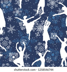 Dancing ballerina on blue background with snowflakes. Ballet. Vector illustration. For wrapping paper, cloth, banners.