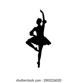 Dancing ballerina on stage in black on a white background. A vector image.