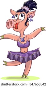 dancing ballerina pig, cartoon, vector, caricature isolated on white
