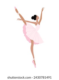 Dancing ballerina in a pink dress and pointe shoes. Illustration, vector