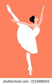 Dancing ballerina in profile. Pose Arabesque. The girl raises one leg high, and on the other stands in punts. Vector flat illustration.