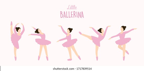 Dancing ballerina series. Beautiful set. Graceful pretty young woman pink tutu, Little ballet dancer background. Baby girl. Cartoon hand drawn doodle style. Isolated flat vector design illustration.