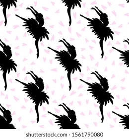 Dancing ballerina silhouette seamless pattern. Performing dancer repeating background. Vector illustration for ballet textile, paper, decor. 