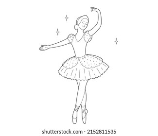 Dancing ballerina in tutu and pointe shoes. Coloring book. Outline Illustration on white background.	