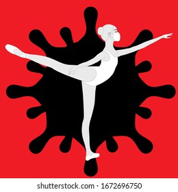 Dancing ballerina in white medical face mask. Sport exercise, ballet pose. Coronavirus on the red background. Vector isolated painting art