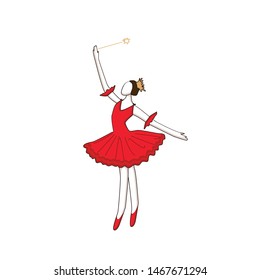 dancing Ballerina. Young Ballerina in a red Dress with magic wand and crown, Vector Illustration of a Ballet Dancer Girl. 
