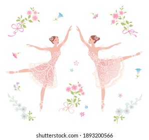 
Dancing ballerinas and bouquets of flowers on a white background. Vector pattern. Greeting or invitation card template.