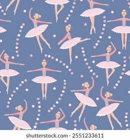 Dancing ballerinas in different poses with fairy lights. Vector endless pattern on light blue background.