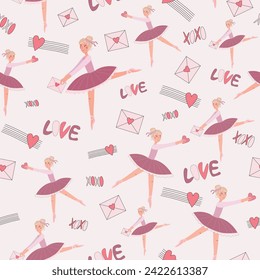 Dancing ballerinas with love letters and hearts. Sweet valentines day retro style vector pattern, endless texture on light rose background.