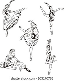 Dancing ballerinas. Set of black and white vector illustrations.