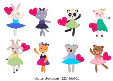 Dancing ballet animals in dresses vector set. Cartoon illustrations of animals wearing dresses dancing ballet holding pink hearts isolated on white background. Entertainment, childhood concept.