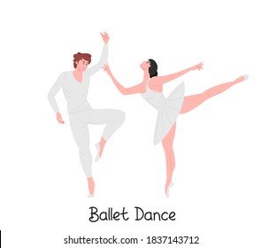 Dancing ballet couple, flat vector illustration. Performance of theatre dance partners cartoon characters. Graceful male and female ballerina in tutu isolated on white background.
