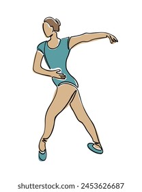 Dancing ballet woman drawing in boho style. Vector hand drawn single line illustration of female body in elegant position. Outline composition isolated on white background