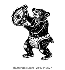 Dancing bear with a drum, vintage style illustration