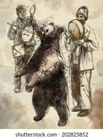 Dancing bear and group of gypsy musicians. Hand drawn illustration, vector.