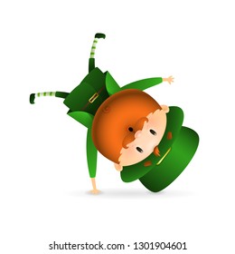 Dancing bearded leprechaun. Happy Irish man in green costume and hat standing upside down. Can be used for topics like Saint Patrick day, holiday, celebration