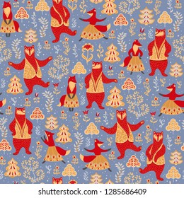 Dancing bears and foxes in a magical forest. Seamless decorative pattern. Folk art. Scandinavian style.