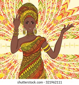Dancing beautiful African woman in turban and traditional costume with ethnic geometric ornament. Hand drawn vector illustration.