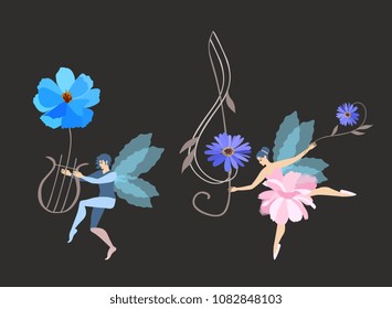 Dancing beautiful winged elf and fairy with a flower lyre and a treble clef isolated on a black background. Musical Vector Illustration.