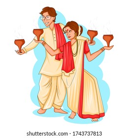 Dancing Bengali couple doing Dhunchi dance from West Bengal during Durga Puja of India in vector