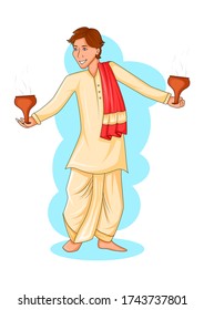 Dancing Bengali man doing Dhunuchi dance on occasion of Durga Puja in vector