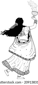 Dancing Bengali woman doing Dhunuchi dance on occasion of Durga Puja in vector. Indian traditional song in traditional dress, black and white line drawing clip art illustration.Indian wedding clip art