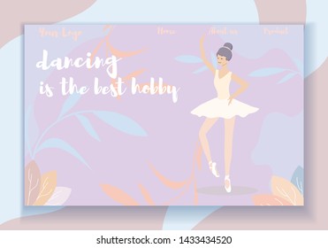 Dancing is the Best Hobby Horizontal Banner. Beautiful Girl Ballerina in White Pointe Shoes and Tutu Skirt Stand in Dancing Position. Artist Prepare for Dance Show. Cartoon Flat Vector Illustration