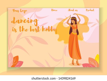 Dancing is the Best Hobby Horizontal Banner. Young Woman in Beautiful Dress and Jewelry Dancing Indian or Oriental Dance. Entertainment, Music Show Performing, Class Cartoon Flat Vector Illustration