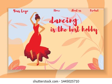 Dancing is the Best Hobby Horizontal Banner. Beautiful Young Woman in Red Dress Dancing Spanish Dance. Entertainment, Music Show Performing, Workshop or Creative Class Cartoon Flat Vector Illustration