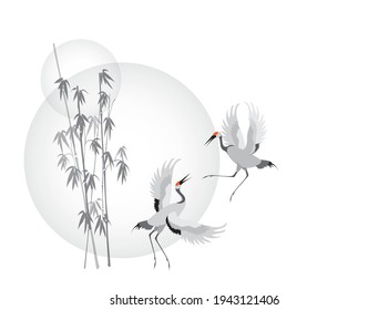 Dancing birds cranes against the background of a large circle of the sun. Silhouettes vector drawing. 