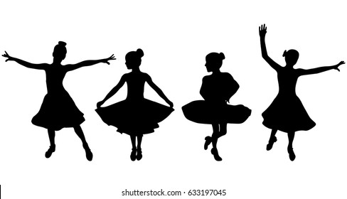 Dancing black silhouettes. Young girl in ballroom dress. Vector illustration isolated on white background